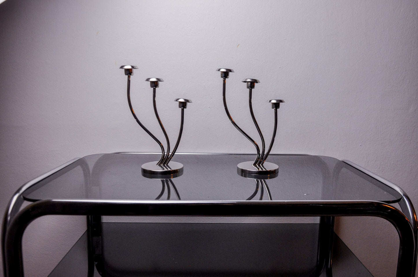 Art Deco Candlesticks in Stainless Steel with 3 Flames, Spain, 1970s, Set of 2