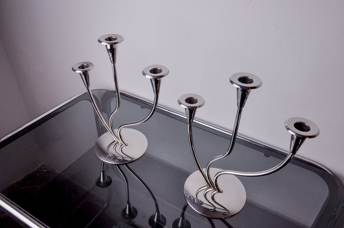 Art Deco Candlesticks in Stainless Steel with 3 Flames, Spain, 1970s, Set of 2