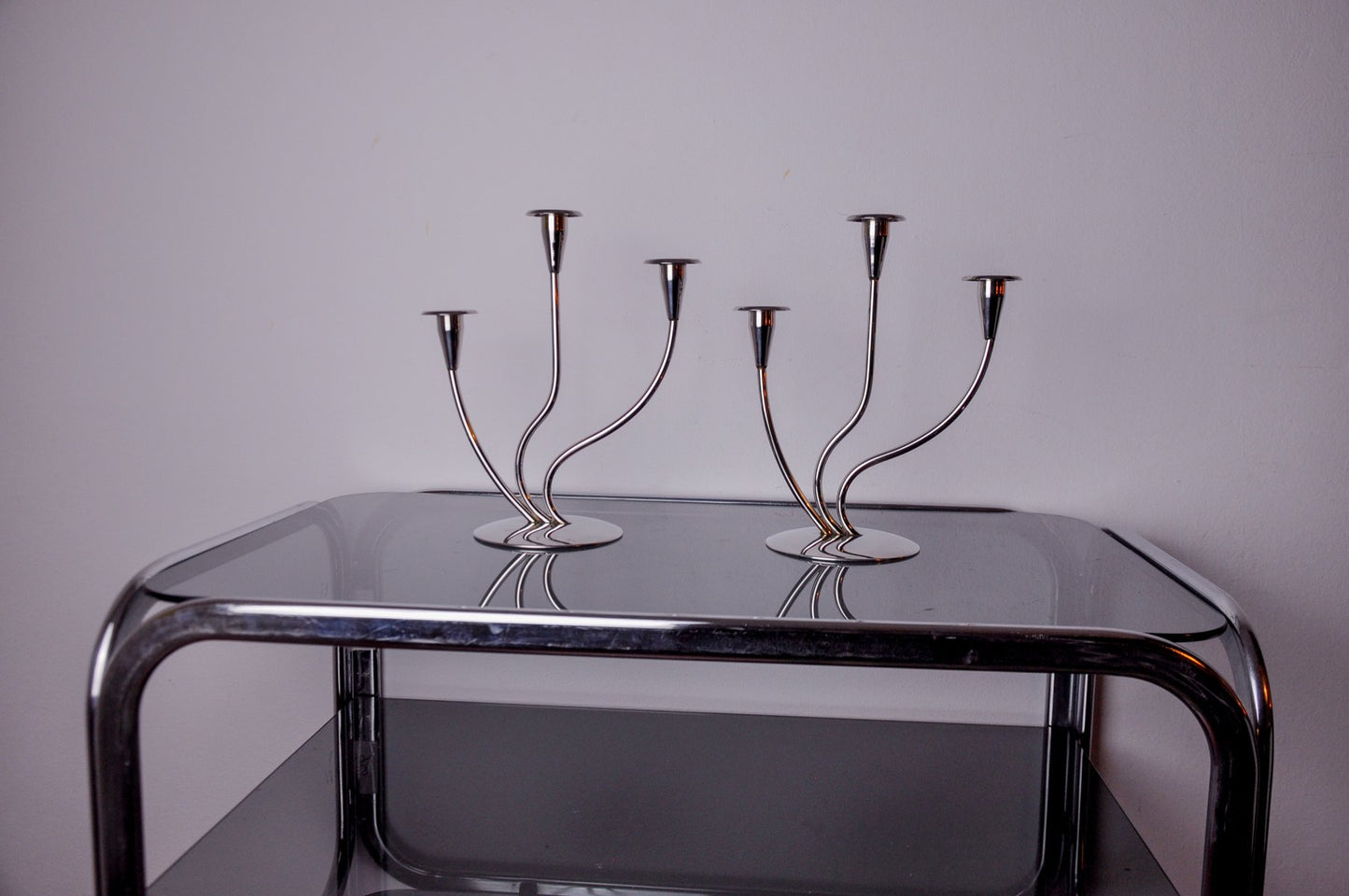 Art Deco Candlesticks in Stainless Steel with 3 Flames, Spain, 1970s, Set of 2