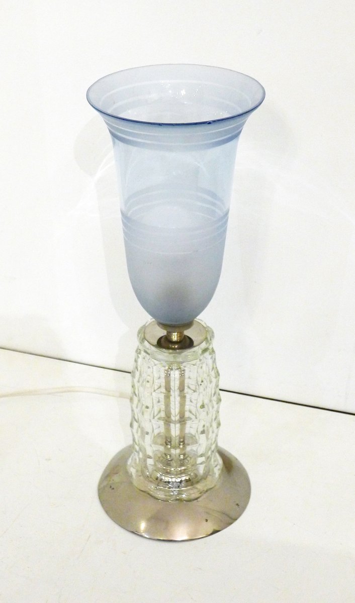 Art Deco Carved Foot & Blue Tulip Lamp