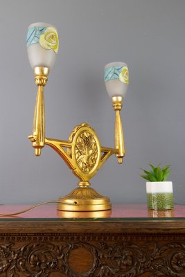 Art Deco Carved Wood and Frosted Enamel Table Lamp, 1930s-KEG-727297