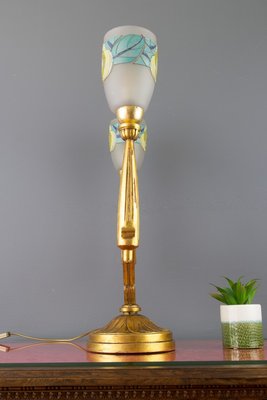 Art Deco Carved Wood and Frosted Enamel Table Lamp, 1930s-KEG-727297