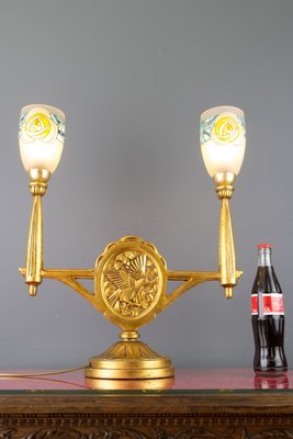 Art Deco Carved Wood and Frosted Enamel Table Lamp, 1930s-KEG-727297