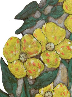 Art Deco Carved Wood Wall Plaque with Flowers in Relief Painted Floral, 1930s-ARU-626031