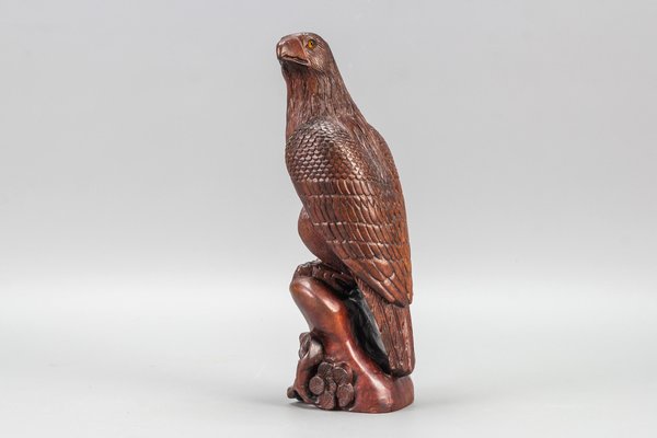 Art Deco Carved Wooden Eagle Sculpture with Glass Eyes, 1960s-KEG-1388271