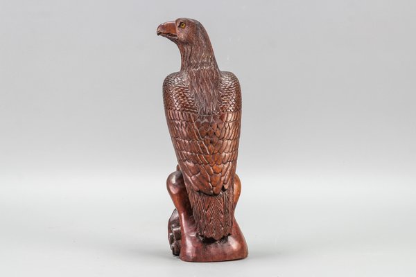 Art Deco Carved Wooden Eagle Sculpture with Glass Eyes, 1960s-KEG-1388271