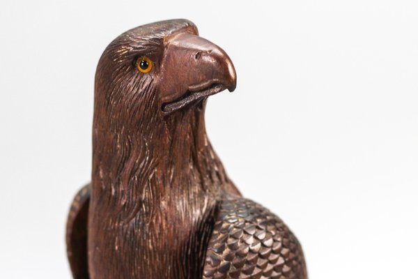 Art Deco Carved Wooden Eagle Sculpture with Glass Eyes, 1960s-KEG-1388271