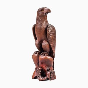 Art Deco Carved Wooden Eagle Sculpture with Glass Eyes, 1960s-KEG-1388271