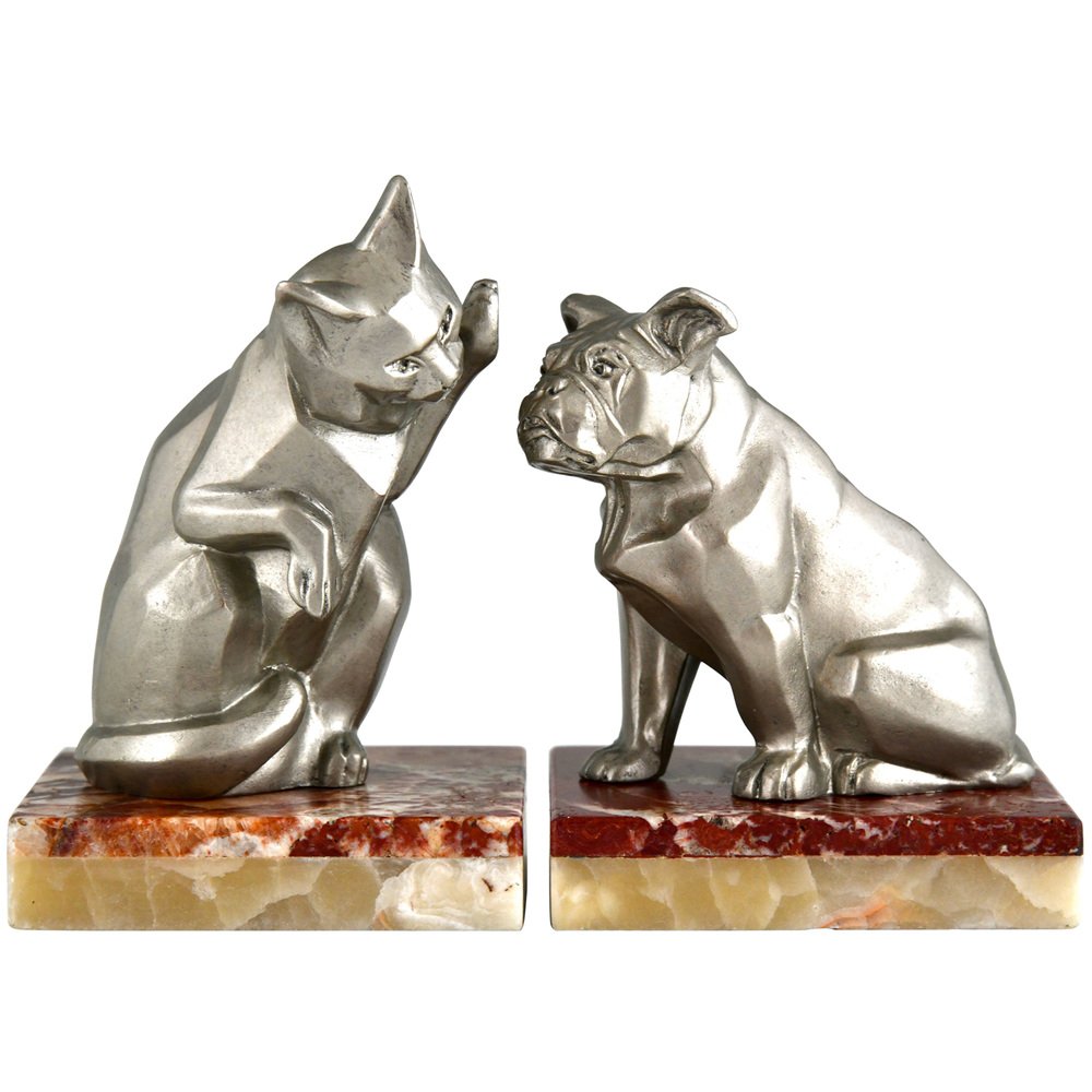 Art Deco Cat and Bulldog Bookends by Irenée Rochard, 1930, Set of 2