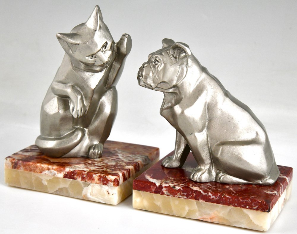 Art Deco Cat and Bulldog Bookends by Irenée Rochard, 1930, Set of 2