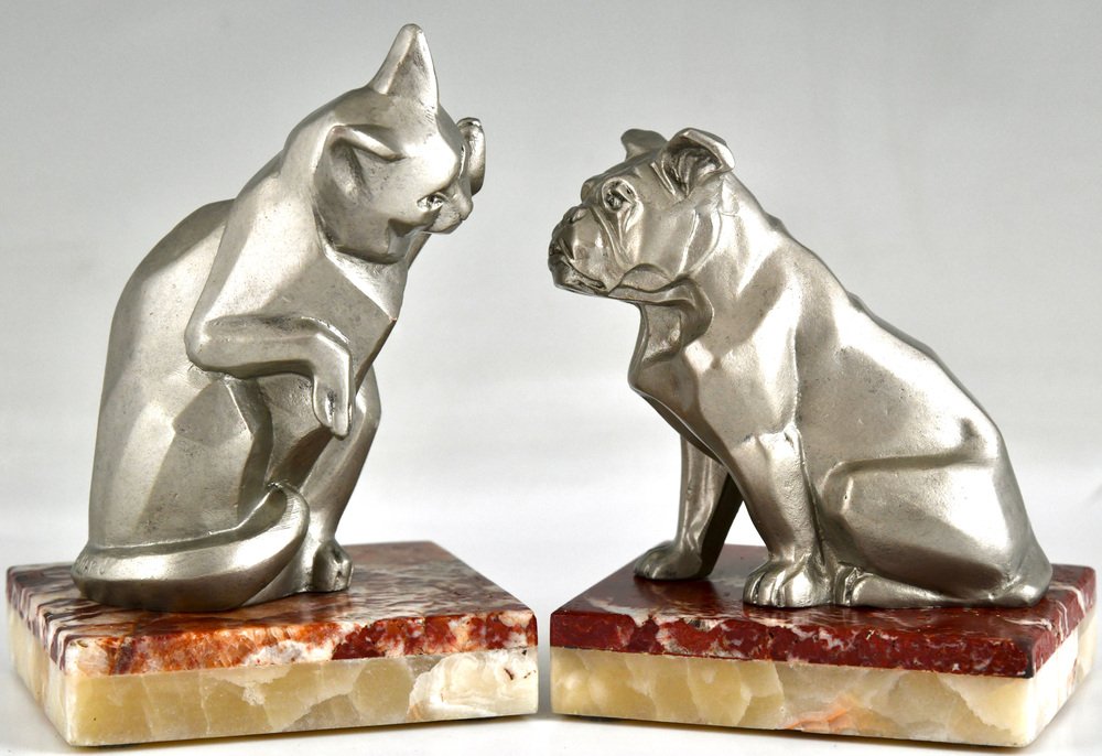 Art Deco Cat and Bulldog Bookends by Irenée Rochard, 1930, Set of 2