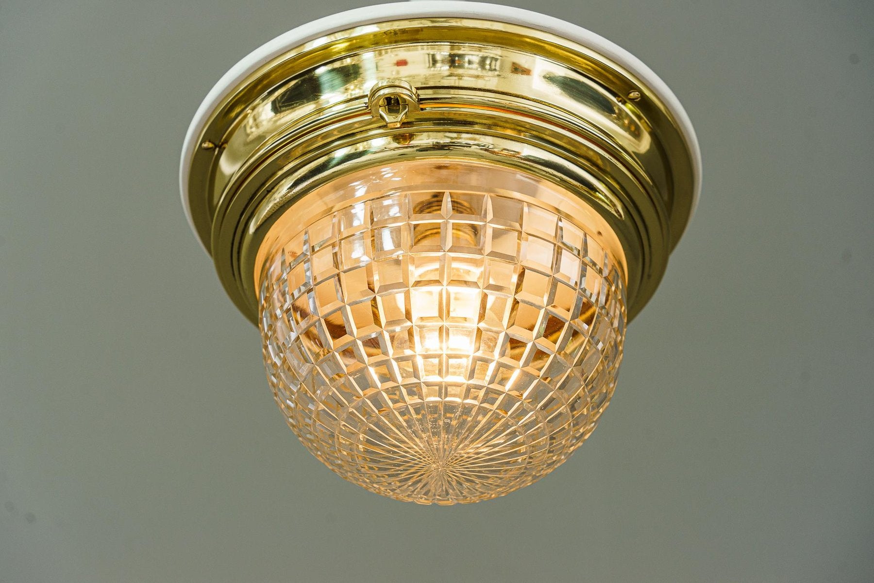 Art Deco Ceiling Lamp with Cut Glass Shade, 1920s