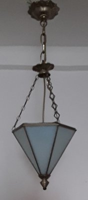 Art Deco Ceiling Lamp with Hexagonal Bluish Tinted Relief Glass Shade, Nickel Mount & Nickel Chain, 1930s-HOI-1270959