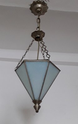 Art Deco Ceiling Lamp with Hexagonal Bluish Tinted Relief Glass Shade, Nickel Mount & Nickel Chain, 1930s-HOI-1270959