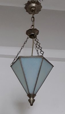 Art Deco Ceiling Lamp with Hexagonal Bluish Tinted Relief Glass Shade, Nickel Mount & Nickel Chain, 1930s-HOI-1270959