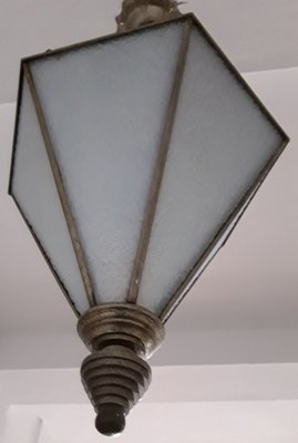 Art Deco Ceiling Lamp with Hexagonal Bluish Tinted Relief Glass Shade, Nickel Mount & Nickel Chain, 1930s-HOI-1270959