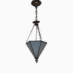 Art Deco Ceiling Lamp with Hexagonal Bluish Tinted Relief Glass Shade, Nickel Mount & Nickel Chain, 1930s-HOI-1270959