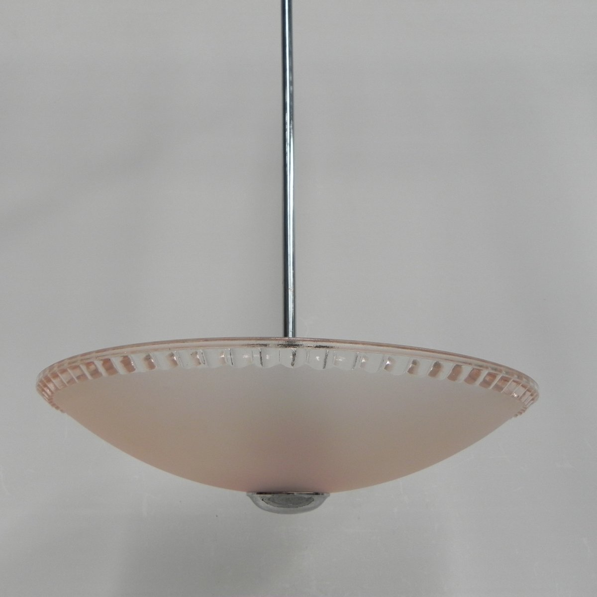 Art Deco Ceiling Lamp with Pink Glass Shade on Chromed Pendant