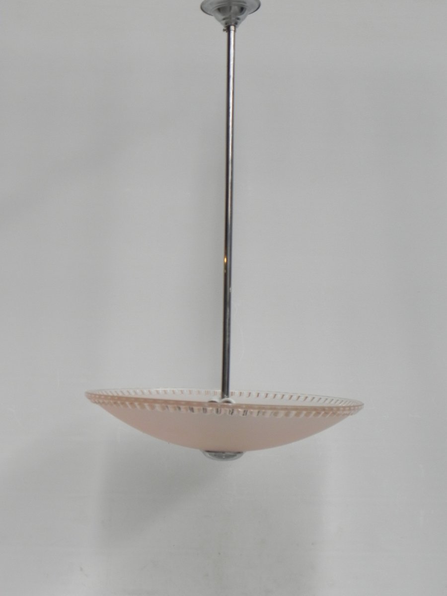 Art Deco Ceiling Lamp with Pink Glass Shade on Chromed Pendant