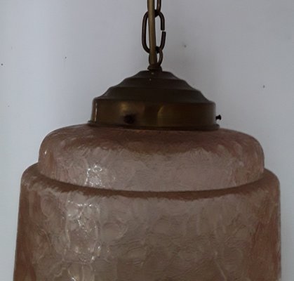 Art Deco Ceiling Lamp with Pink Patterned Glass Lampshade & Brass Painted Plastic, 1930s-HOI-996796