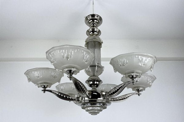 Art Deco Ceiling Light or Chandelier in Glass & Chrome, France, 1920s-VMP-1231628