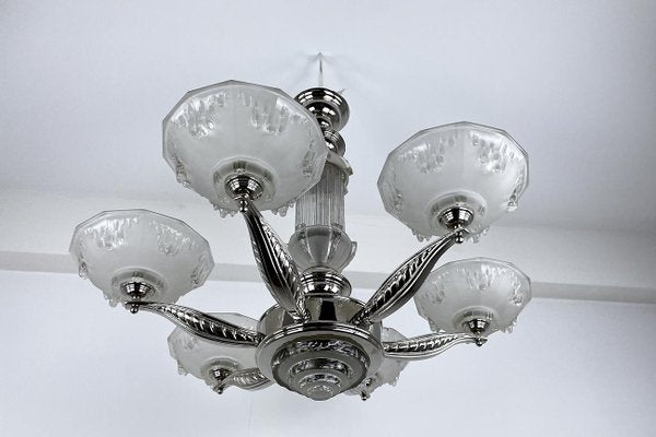 Art Deco Ceiling Light or Chandelier in Glass & Chrome, France, 1920s-VMP-1231628