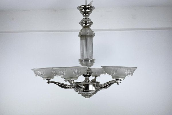 Art Deco Ceiling Light or Chandelier in Glass & Chrome, France, 1920s-VMP-1231628