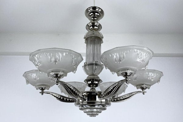 Art Deco Ceiling Light or Chandelier in Glass & Chrome, France, 1920s-VMP-1231628