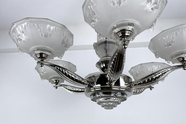 Art Deco Ceiling Light or Chandelier in Glass & Chrome, France, 1920s-VMP-1231628