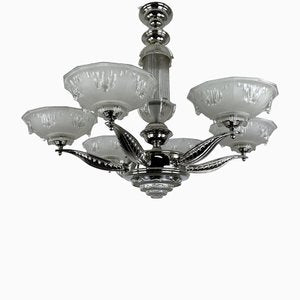 Art Deco Ceiling Light or Chandelier in Glass & Chrome, France, 1920s-VMP-1231628