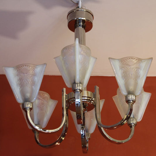 Art Deco Ceiling Light with 6 Arms and Opaline Glass Tulip Shades from Petitot, 1930s