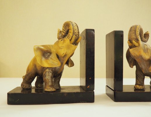 Art Deco Ceramic and Wooden Elephant Bookends, Set of 2-TKR-912619