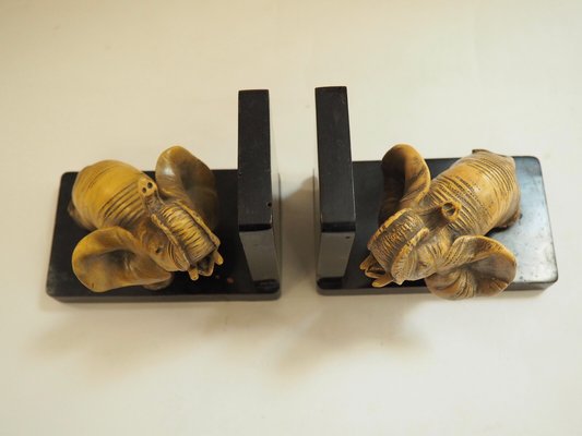 Art Deco Ceramic and Wooden Elephant Bookends, Set of 2-TKR-912619