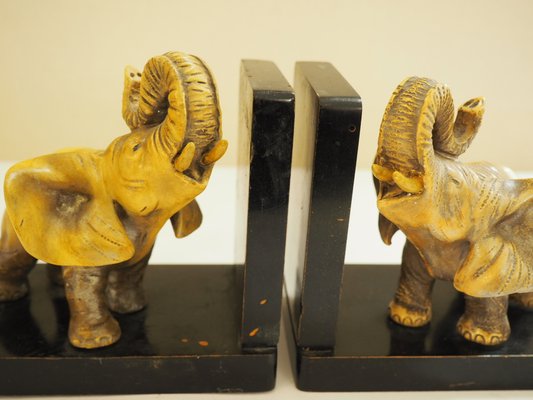 Art Deco Ceramic and Wooden Elephant Bookends, Set of 2-TKR-912619