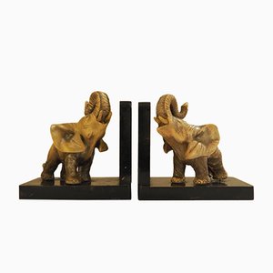 Art Deco Ceramic and Wooden Elephant Bookends, Set of 2-TKR-912619