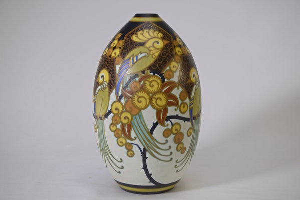 Art Deco Ceramic Porcelain Vase Birds of Paradise by Jan Wind, 1920s-NEN-2020220