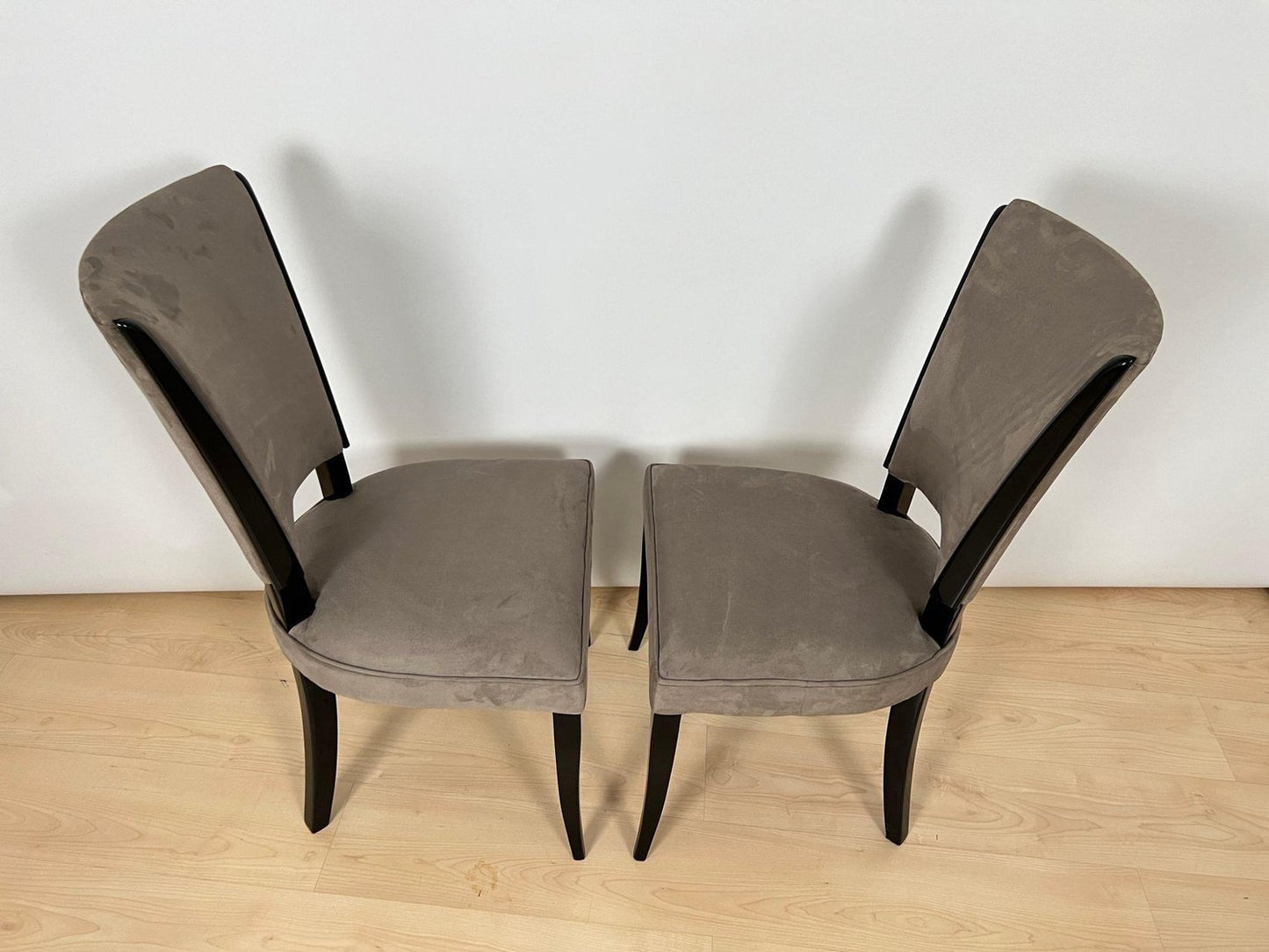 Art Deco Chairs in Black Lacquer & Grey Alcantara, France, 1930s, Set of 6