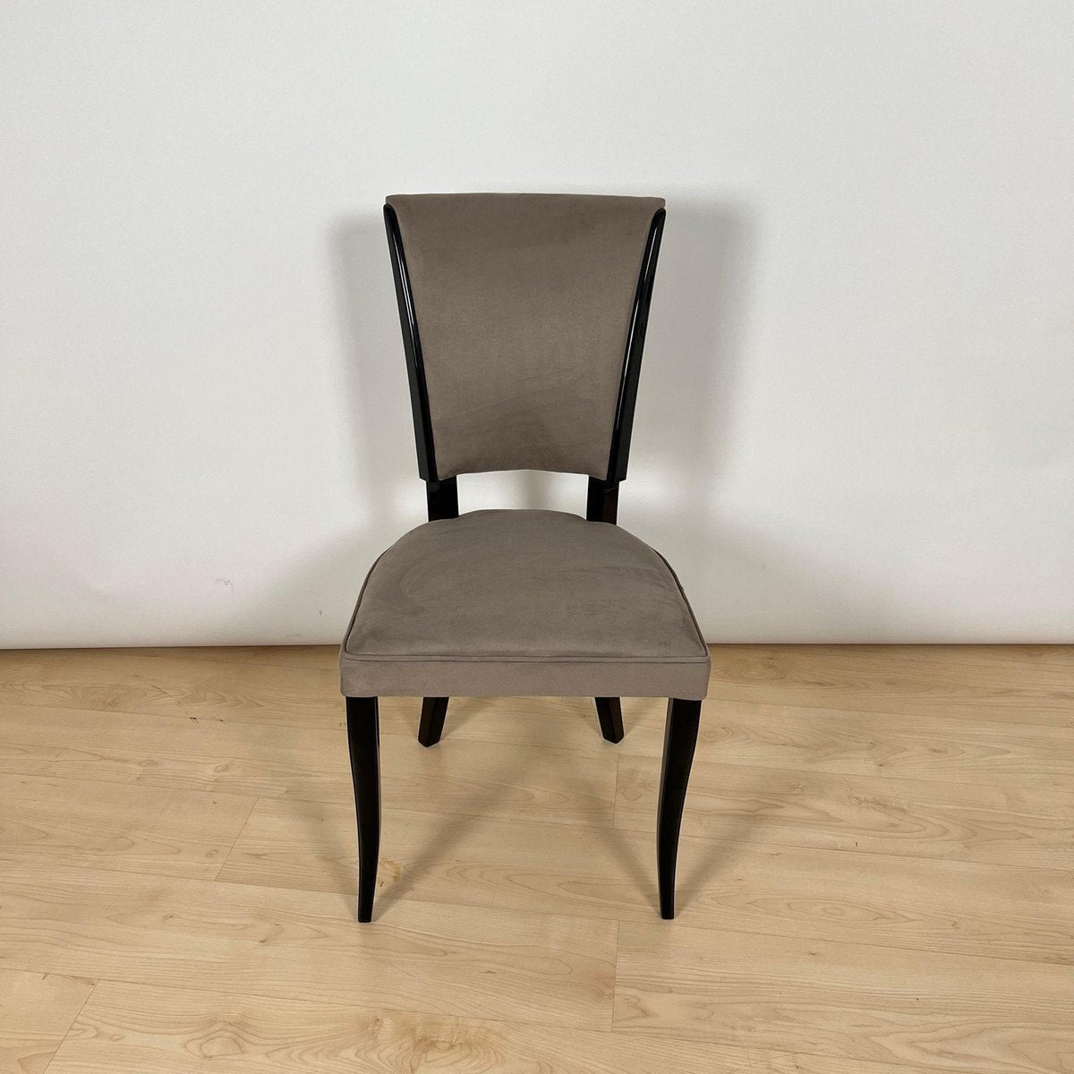 Art Deco Chairs in Black Lacquer & Grey Alcantara, France, 1930s, Set of 6