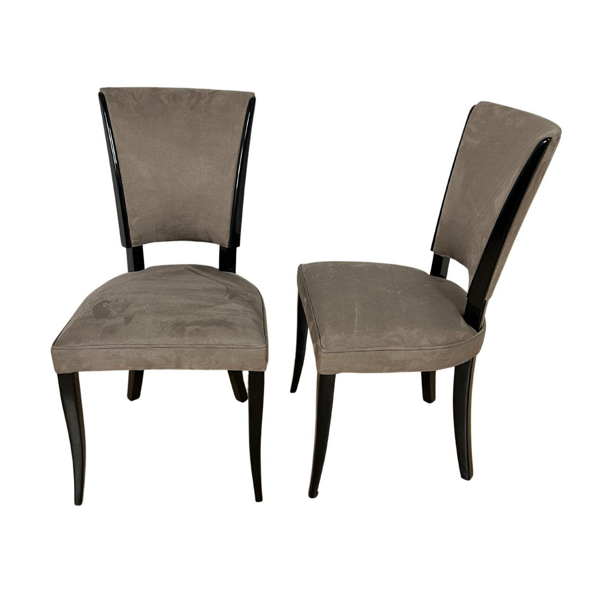 Art Deco Chairs in Black Lacquer & Grey Alcantara, France, 1930s, Set of 6