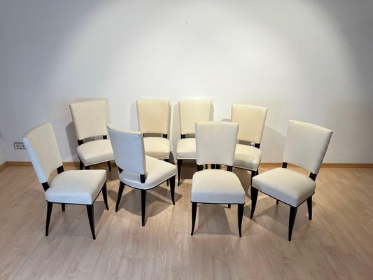 Art Deco Chairs in Black Lacquer in Cream Velour, France, 1930s, Set of 8-NNB-1729744