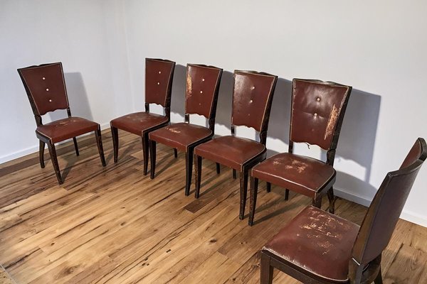 Art Deco Chairs in Red Leather, France, 1930s, Set of 6-VMP-1061497