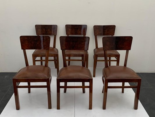 Art Deco Chairs in Walnut Root with Leather Seats, 1940s, Set of 6-IJR-1444513