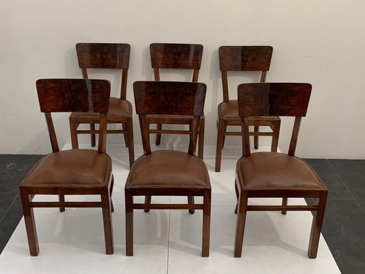 Art Deco Chairs in Walnut Root with Leather Seats, 1940s, Set of 6-IJR-1444513