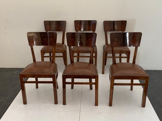 Art Deco Chairs in Walnut Root with Leather Seats, 1940s, Set of 6-IJR-1444513