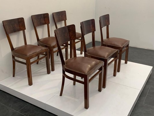 Art Deco Chairs in Walnut Root with Leather Seats, 1940s, Set of 6-IJR-1444513