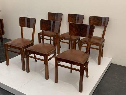 Art Deco Chairs in Walnut Root with Leather Seats, 1940s, Set of 6-IJR-1444513