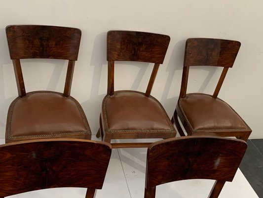 Art Deco Chairs in Walnut Root with Leather Seats, 1940s, Set of 6-IJR-1444513