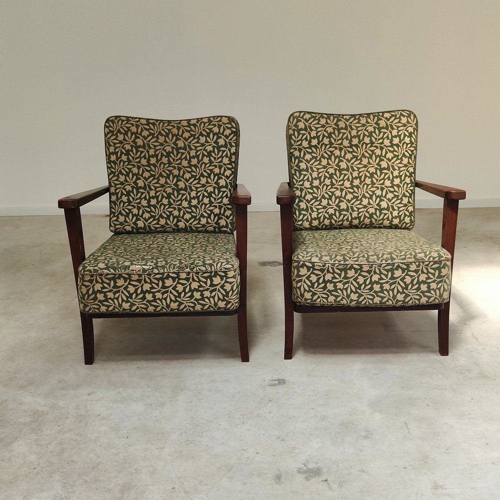 Art Deco Chairs in Wood and Patterned Green Fabric by Ziara Pravenec for Thonet, 1940, Set of 2