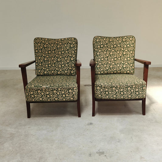 Art Deco Chairs in Wood and Patterned Green Fabric by Ziara Pravenec for Thonet, 1940, Set of 2