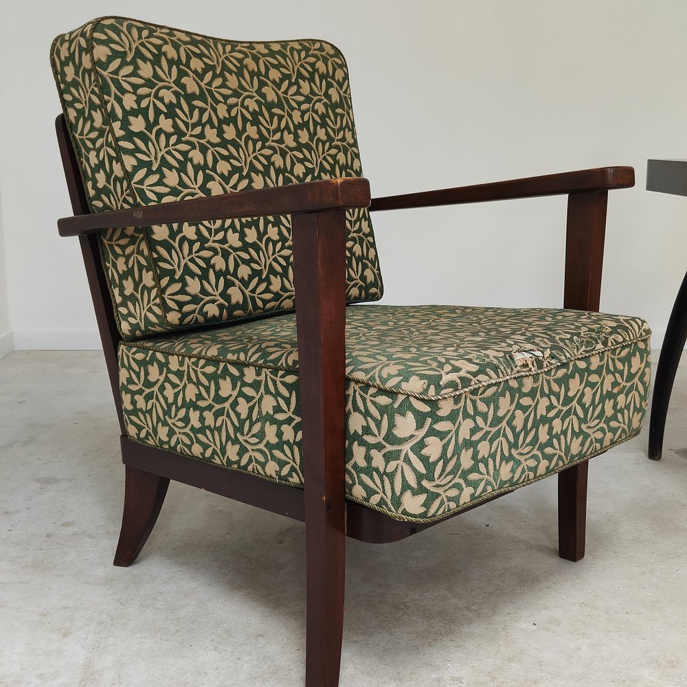 Art Deco Chairs in Wood and Patterned Green Fabric by Ziara Pravenec for Thonet, 1940, Set of 2